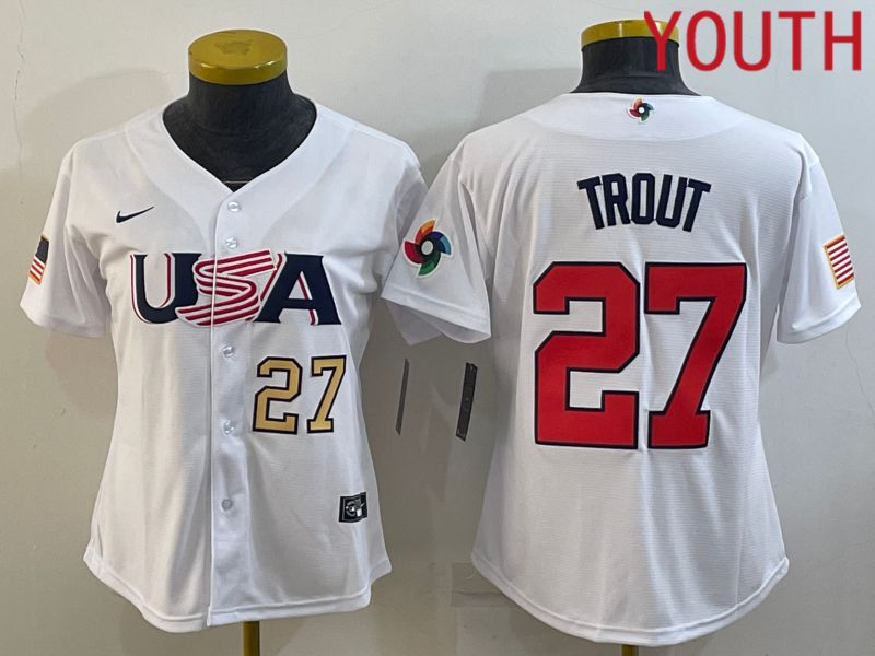 Youth 2023 World Cub USA #27 Trout White MLB Jersey1->youth mlb jersey->Youth Jersey
